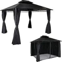 Mendler Hardtop Pergola MCW-M81, Pavillon, Aluminium Dachstreben 7cm-Stahlgestell mit Seitenwand und Moskitonetz 3,6x3m grau