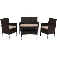 Mendler Poly-Rattan Garten-Garnitur MCW-N98, Sitzgruppe Lounge-Set, Metall Glas Stoff/Textil (180g/m²) braun, Kissen creme