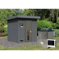 Karibu Saunahaus Außensauna Gartensauna Hytti 2 terragrau lackiert Ofen 9 KW externe Strg easy 38mm Massivholz 196x196x228 cm