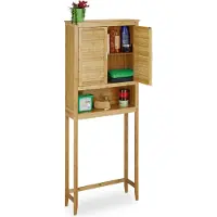Relaxdays Waschmaschinenschrank Lamell Bambus, Überschrank, Badschrank mit Flügeltüren, HxBxT: ca. 176x70x22,5 cm, natur