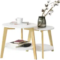 SoBuy Couchtisch 2er-Set – Platzsparende Runde Beistelltische, Wohnzimmertisch klein & groß, Weiß, FBT75-W