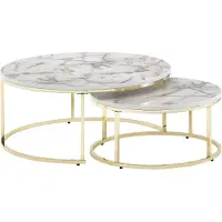 FineBuy Couchtisch 2er Set Weiß Gold Marmor Optik Sofatisch Rund Modern Beistelltisch 2-teilig Metall Runde Wohnzimmertische Design Satztische