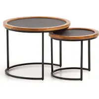 FineBuy Couchtisch 2er Set Mango Massivholz / Steinoptik Wohnzimmertisch Rund Satztisch mit Metallgestell Kaffeetisch Modern Sofatisch