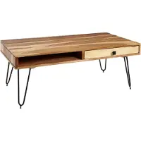 FineBuy Couchtisch Akazie Massivholz 110 cm · Industrial Wohnzimmertisch rechteckig mit Hairpin Beinen, 2 Schubladen & Ablagefächern · Handgefertigt