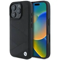 BMW Etui Unterschrift Leder Kreuzung Linien Muster Na Iphone 16 Pro - Czarne