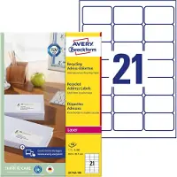 Avery Zweckform Adressetiketten LR7160-100, geeignet für Laserdrucker, 63,5 x 38,1 mm, 2100 Stück/100 A4-Bogen, Blauer Engel, Recyclingpapier, naturweiß