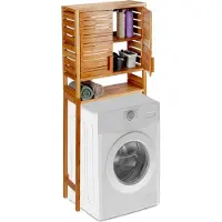 Relaxdays Waschmaschinenschrank Bambus, stehend, Lamellen-Türen, 3 Ablagen, WC Überbauschrank, HBT 164 x 66 x 26 cm, natur