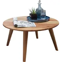 FineBuy Couchtisch Akazie Massivholz rund 75 cm · Wohnzimmertisch im skandinavischen Retro Design · Handgefertigter Holztisch mit konischen Beinen