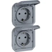 Legrand PLEXO New Einsatz, Feuchtraum Steckdose, 2-fach inkl. Klappdeckel, Berührungsschutz, vorverdrahtet, vertikal, IP55/IP44 grau, 069577L