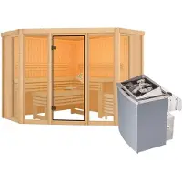 Karibu Sauna Innensauna Alcinda Ganzglas Fronteinstieg Ofen 9 kW integr. Strg 231x231x198 cm ohne Dachkranz