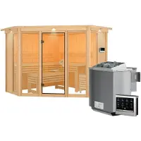 Karibu Sauna Innensauna Alcinda Ganzglas Fronteinstieg Ofen 9 kW externe Strg easy 245x245x202 cm mit Dachkranz