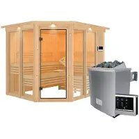 Karibu Sauna Innensauna Ainur 3 Eckeinstieg Ofen 9 KW externe Strg easy 245x210x202 cm mit Dachkranz