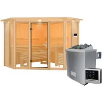 Karibu Sauna Innensauna Alcinda Ganzglas Fronteinstieg Ofen 9 KW externe Strg easy 245x245x202 cm mit Dachkranz