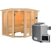Karibu Sauna Innensauna Ainur 3 Eckeinstieg Ofen 9 kW externe Strg easy 245x210x202 cm mit Dachkranz