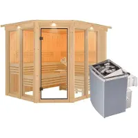 Karibu Sauna Innensauna Ainur 3 Eckeinstieg Ofen 9 kW integr. Strg 245x210x202 cm mit Dachkranz