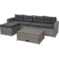 Mendler Poly-Rattan Garnitur MCW-J34, Balkon-/Garten-/Lounge-Set Sitzgruppe Sofa, Staufach grau, Kissen dunkelgrau