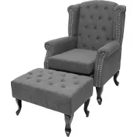 Mendler Sessel Chesterfield Oxford, Relaxsessel Clubsessel Ohrensessel, wasserabweisend Stoff/Textil dunkelgrau mit Ottomane
