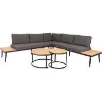 Mendler Garten-Garnitur MCW-H54c, Lounge-Set, Beistelltisch Spun Poly Akazie Holz Stahl hellbraun, Kissen dunkelgrau