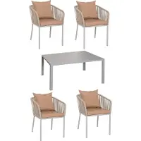 Mendler Gartengarnitur MCW-N41, Tisch+4xStuhl, wetterfest Alu 140x80cm, Seilgeflecht Rope grau Kissen taupe