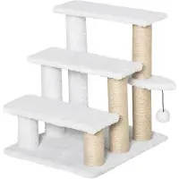 PawHut Haustiertreppe mit Kratzbaum Ball 3-stufige Tiertreppe Spanplatte Plüsch Jute Weiß 45 x 40 x 48 cm