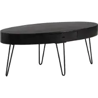 FineBuy Couchtisch 100cm oval Mango Massivholz schwarz · Wohnzimmertisch mit Schublade und Hairpin Beinen · Moderner Massivholztisch Industrial Design