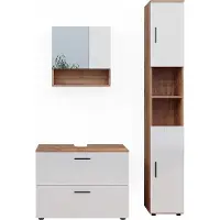 Vicco Badmöbel-Set Irma Weiß Hochglanz/Goldkraft Eiche 3 Teile, mit Schubladenschrank und Hochschrank, Model 40542