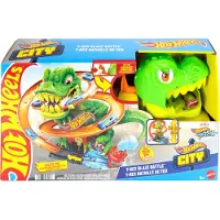 Hot Wheels City T-Rex-Feuerschlacht Spielset und Die-Cast-Spielzeugauto im Maßstab 1:64, gegnerischer Dinosaurier, Spielfahrzeugspur, 4 Jahr(e), Kunststoff, Mehrfarbig
