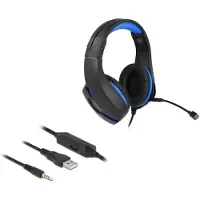 DeLOCK Gaming Headset Over-Ear mit 3,5 mm Klinkenstecker und blauem LED Licht für PC, Notebook und Spielekonsolen, Kabelgebunden, Gaming, 20 - 20000 Hz, 230 g, Kopfhörer, Schwarz, Blau