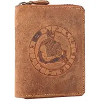 Greenburry Geldbörse Herren Leder braun antik Vintage mit Sternzeichen Prägung Portemonnaie mit Reißverschluss 821A-WASSERMANN