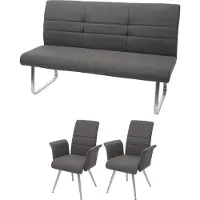 Mendler Set 2x Esszimmerstuhl+Sitzbank MCW-G55, Bank Küchenstuhl Stuhl+Armlehne, Stoff/Textil Edelstahl grau-braun Bank 180cm