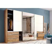 Wimex Schwebetürenschrank Level Kleiderschrank mit Spiegel Ausführung wählbar,Plankeneiche / Weiß,300x65x236cm