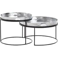 FineBuy Couchtisch 2er Set Metall Silber Hammerschlag Satztisch Rund Sofatisch abnehmbares Tablett Tabletttisch Sofa 2 teilig Runder Beistelltisch