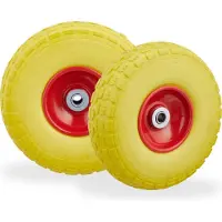 Relaxdays 2x Sackkarrenrad, pannensichere Vollgummireifen, 4.1/3.5-4", 16 mm Achse, bis 150 kg, 260x85 mm, gelb-rot