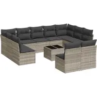 vidaXL 12-tlg. Garten-Sofagarnitur mit Kissen Hellgrau Poly Rattan