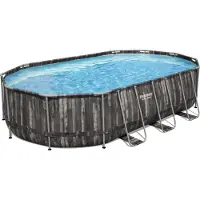 Bestway Ovaler Pool mit Metallrahmen – 6,10 x 3,66 x 1,22 m mit 12-V-Filterpumpe – 3,8 m³ Klapptritt Abdeckung und Bodenplane