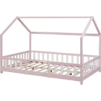 En.casa Kinderbett ’Sisimiut’ in Haus-Optik mit Rausfallschutz Kiefernholz 120 x 200 cm Rosa / Weiß