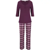 Vivance Pyjama DREAMS, Damen, Gr. 32/34, rot (bordeaux), Single Jersey, Obermaterial: 100% Baumwolle, kariert, Basic, lang, V-Ausschnitt, eingesetzt, Homewear-Sets Pyjama, mit karierter Hose