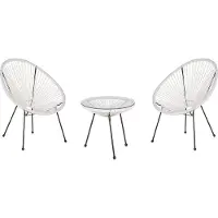 Beliani Balkonset Weiß Polyrattan Beistelltisch mit 2 Stühlen Spaghetti-Optik Modern Mexikanischer Stil Outdoor Balkon Terrasse Garten Möbel