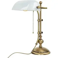 Licht-Erlebnisse Bankerlampe Messing massiv Glas in Bronze Weiß mit Zugschalter Schreibtischlampe Tischleuchte