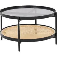 Beliani Couchtisch Schwarz / Hellbraun aus Metall mit Glasplatte Rattan Wiener Geflecht Elegant Modernes Design für Wohnzimmer