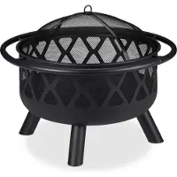 Relaxdays Feuerschale mit Funkenschutz, Garten & Terrasse, mit Schürhaken, Outdoor Feuerstelle, Stahl, Ø 75 cm, schwarz