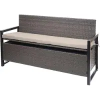 MCW Poly-Rattan 3er Sitzbank MCW-F39, Gartenbank Truhenbank, Staufach Aufbewahrung Sitzkissen grau-meliert, Kissen beige