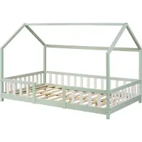 En.casa Kinderbett ’Sisimiut’ in Haus-Optik mit Rausfallschutz Kiefernholz 120 x 200 cm Mintgrün / Weiß