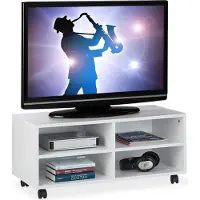 Relaxdays TV Board mit 4 Fächern, mit Rollen, für CDs, DVDs & Konsole, Phonotisch für Wohnzimmer, HBT 35x80x35 cm, weiß