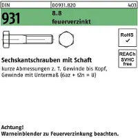 Hörger & Geßler Sechskantschraube DIN 931 m.Schaft M 30 x 300 8.8U feuerverzinkt