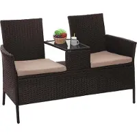 Mendler Poly-Rattan Sitzbank mit Tisch MCW-E24, Gartenbank Sitzgruppe Gartensofa, 132cm braun, Kissen creme