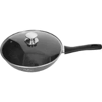 Cheffinger , Wok 28 cm mit Marmorbeschichtung, Glasdeckel und Softgrip-Griff, Schwarz
