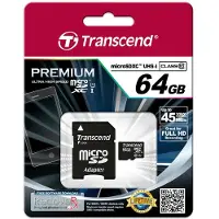 Transcend 64GB MicroSDXC Class 10, 65536 MB, Micro Secure Digital Extended Capacity (MicroSDXC), 45 MB/s, 0.4 g, 15 mm, 1 mm