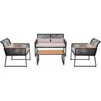 Mendler Garten-Garnitur MCW-K42, Gartenlounge Lounge-Set Sitzgruppe Sofa, Seilgeflecht Rope Holzoptik Stahl, Polster hellgrau