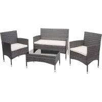 Mendler Poly-Rattan Garnitur MCW-F55, Balkon-/Garten-/Lounge-Set Sofa Sitzgruppe grau, Kissen creme